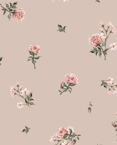 Rib Jersey, et blomstret tapet med lyserøde roser på beige baggrund