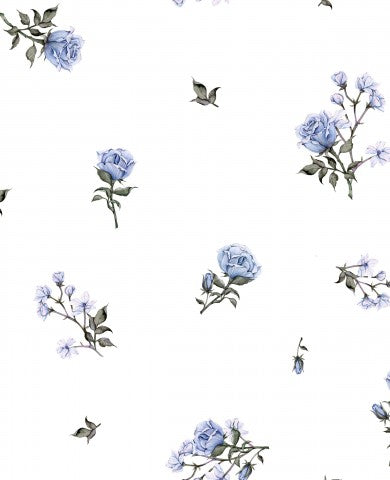 Satin Baumwolle einen weißen Hintergrund mit blauen Blumen und Blättern