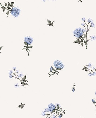 Rib Jersey et blomstret tapet med blå roser og blade