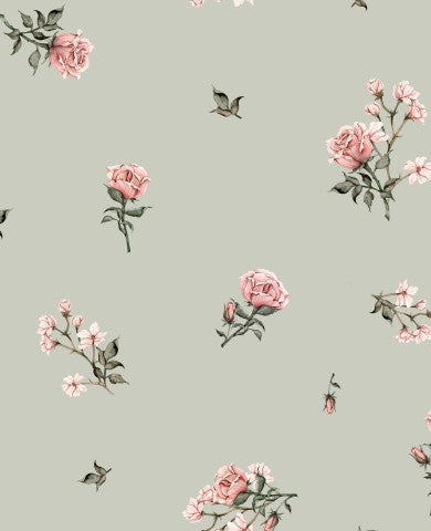 Satin cotton pink roses and leaves on green background