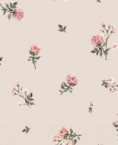 Satin Baumwolle rosa Rosen und Blätter auf einem beigen Hintergrund