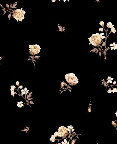Waterproof fabric a black background with white roses on it