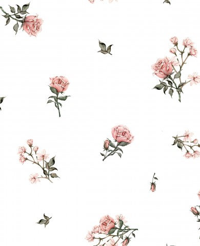 Waterproof fabric pink roses and leaves on white background