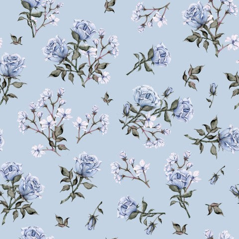 Waterproof fabric blue roses and flowers on light blue background