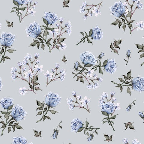 Satin cotton floral pattern with blue roses on a grey background