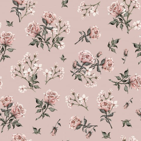 Motivo retrò di rose rosa su tela di cotone: un motivo perfetto per la tua prossima creazione di abbigliamento! Scopri la bellezza di un vecchio giardino in un