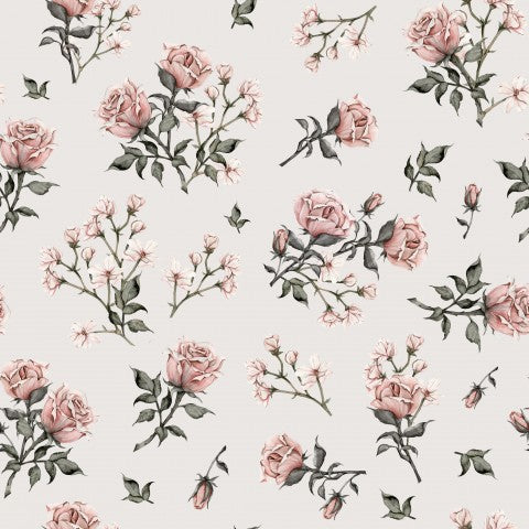 French Terry rosa Rosen und Blättern