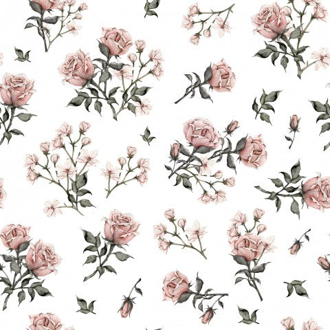 French Terry rosa Rosen und Blättern