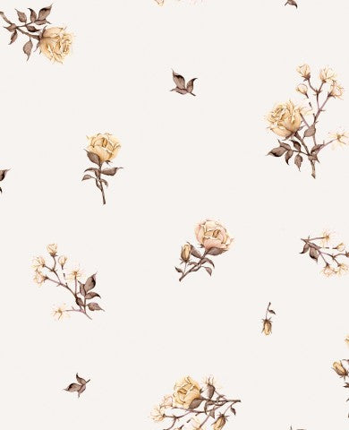 Satin cotton floral wallpaper with brown and yellow roses