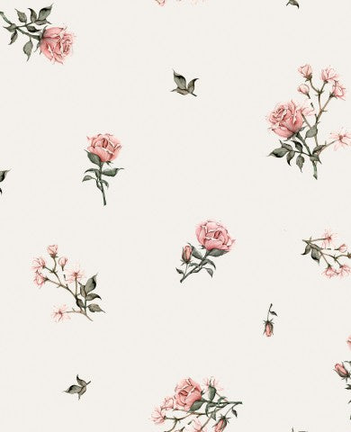 Satin cotton floral wallpaper with pink roses on it