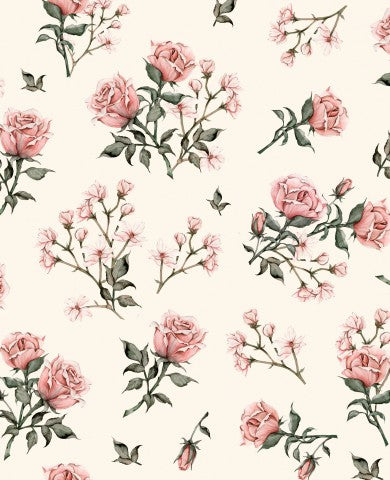 Waterproof fabric pink roses and green leaves