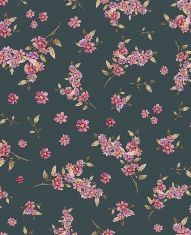 Muslin floral pattern with pink flowers on a dark background