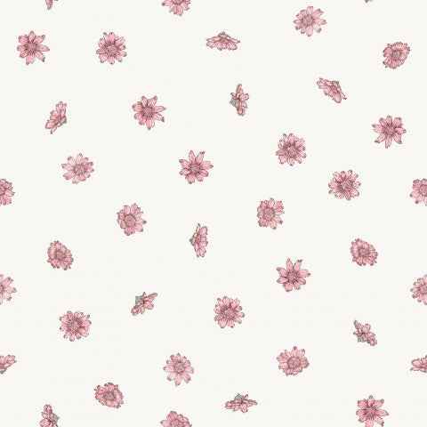 French Terry a pattern of pink flowers on a white background