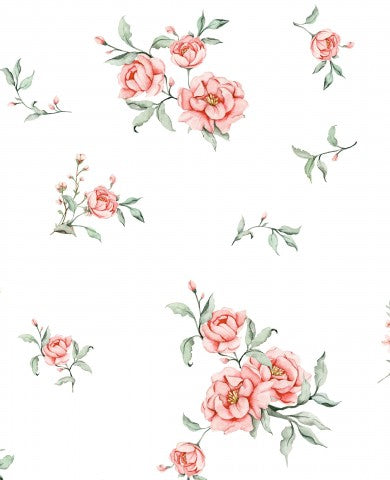 French Terry rosa Blumen auf weißem Hintergrund