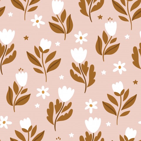 Satin Baumwolle braunen und weißen Blumen auf einem rosa Hintergrund