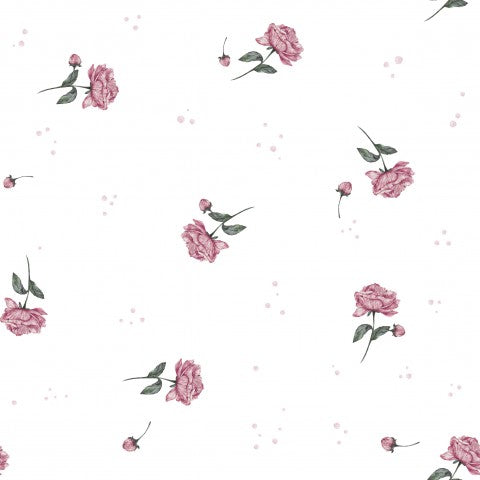 French Terry pink roses on white background
