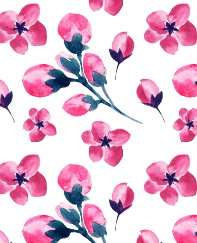 French Terry rosa Blumen auf weißem Hintergrund