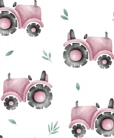 Rib Jersey ein Aquarellmuster mit rosa Traktoren und Blättern