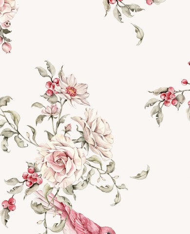 Uccellini rosa e fiori 1 Crema: tessuto in tela di cotone morbido per cucire, ideale per abbigliamento e accessori. Motivi di uccellini e fiori rosa su fondo crema.