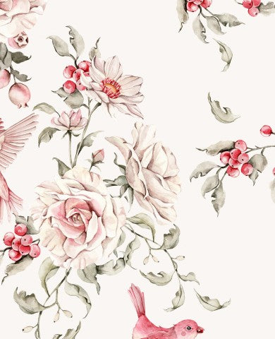 Patrón floral de muselina con pájaros y flores.