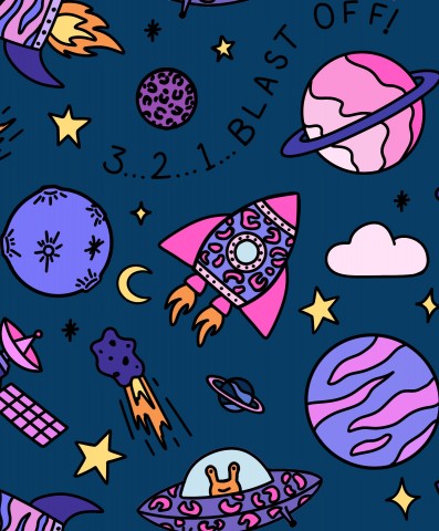 Muslin a seamless space background with rockets, planets and stars