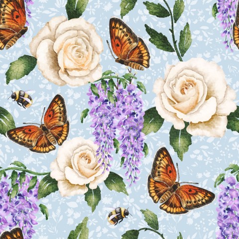 Satin cotton butterflies and roses on blue background
