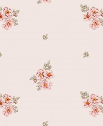 French Terry, een roze bloemenbehang met bladeren en bloemen