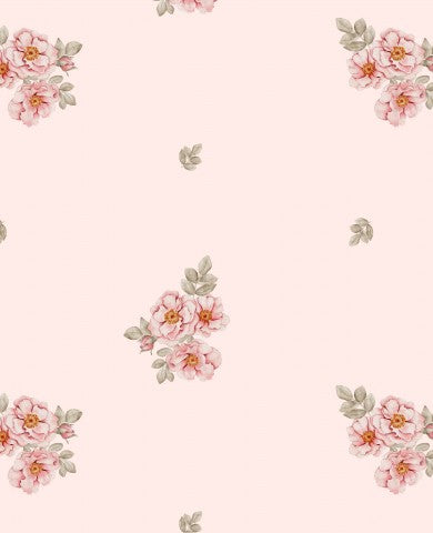 French Terry a pink floral wallpaper with leaves and flowers