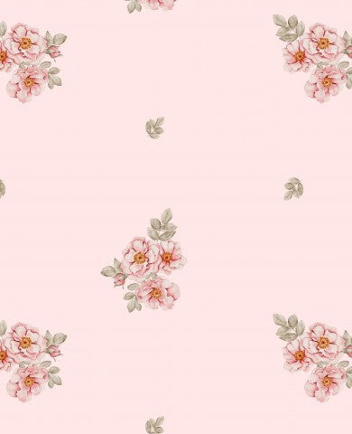 Satin cotton a pink floral wallpaper with leaves and flowers
