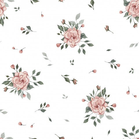 French Terry floral pattern with pink roses and leaves
