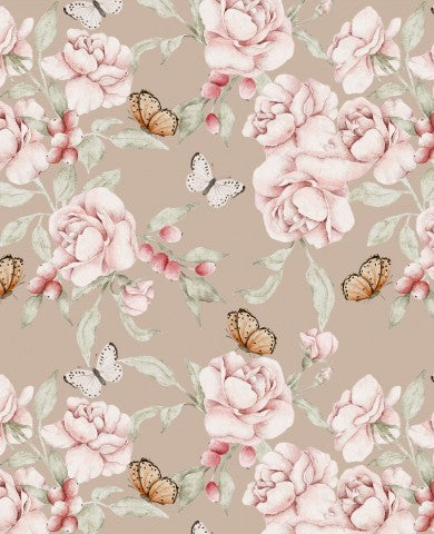 SoftShell ein Blumenmuster mit rosa Rosen und Schmetterlingen
