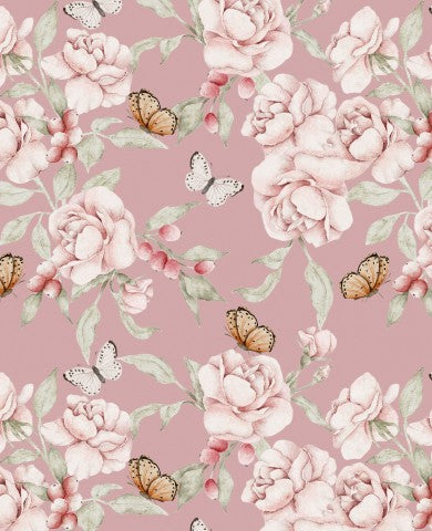 French Terry ein rosa Blumenmuster mit Rosen und Schmetterlingen