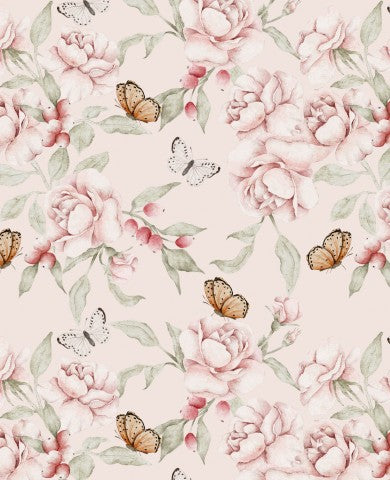 Panamá un estampado floral con mariposas y rosas.