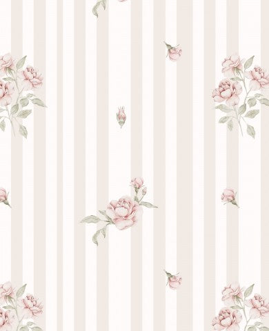Tessuto impermeabile, carta da parati a righe bianche e rosa con rose sopra