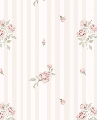 French Terry eine weiß-rosa gestreifte Tapete mit Rosen