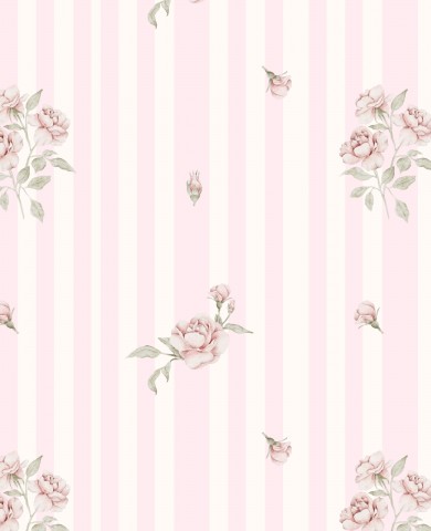 Rib Jersey, carta da parati a righe rosa e bianche con rose sopra