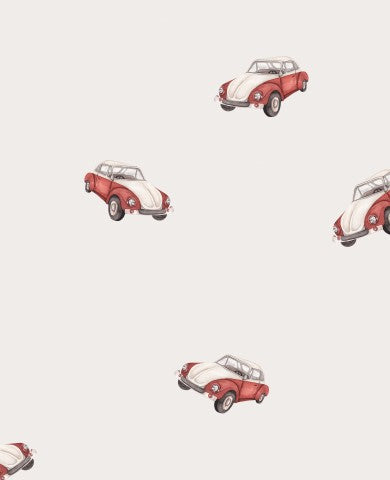 Satin cotton a pattern of red and white cars on a grey background