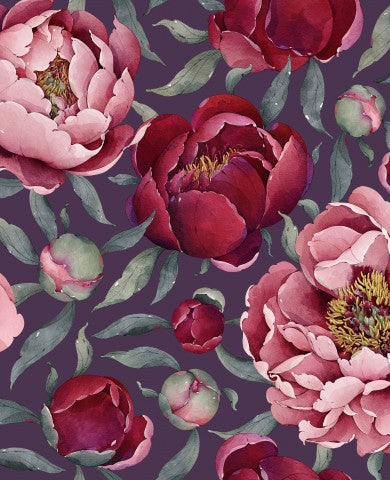 Estampado floral de jersey acanalado con peonías rosas sobre fondo morado