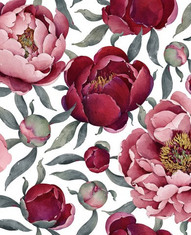 Panama watercolor pattern with red and pink peonies
