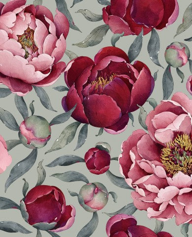 Estampado floral de jersey acanalado con peonías rojas y rosas