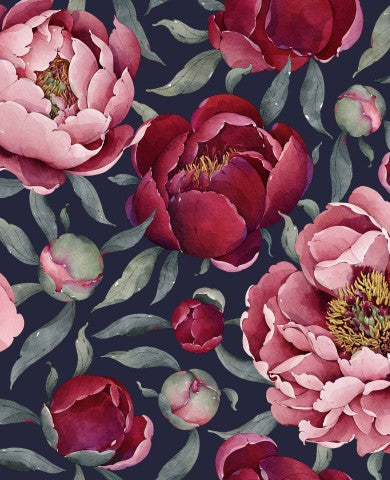 Patrón floral de algodón satinado con peonías rosas sobre fondo azul oscuro.