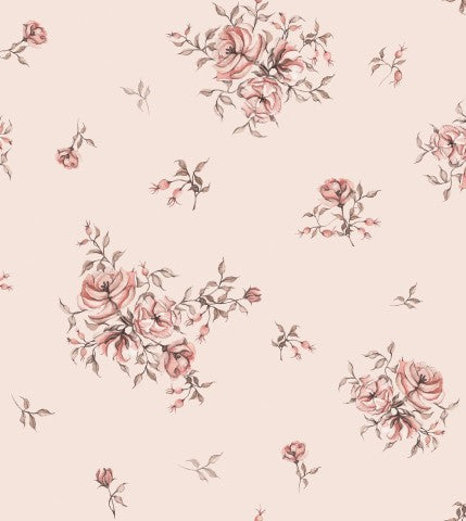 French Terry, et blomstertapet med lyserøde roser på lyserød baggrund