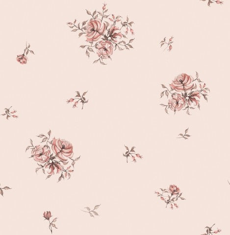 Muslin et blomstertapet med lyserøde blomster og blade