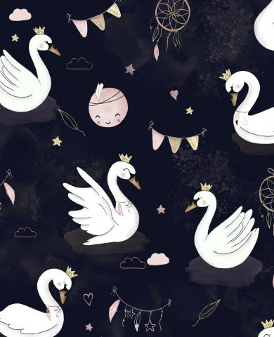 Muslin white swans on black background