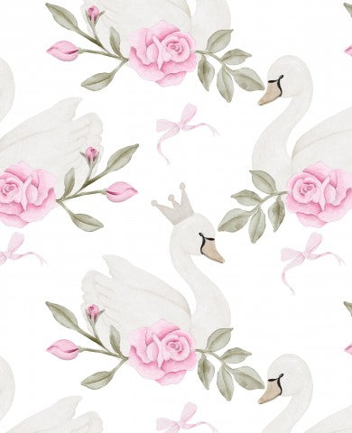 Royal Swans White - Tela di cotone di altissima qualità per il tuo prossimo progetto. Elegante sfondo bianco, ideale per accessori moda, borse o tessuti per la casa.