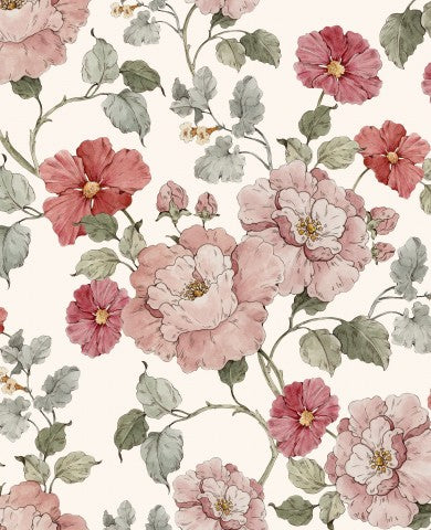 Panama eine Blumentapete mit rosa Rosen und grünen Blättern