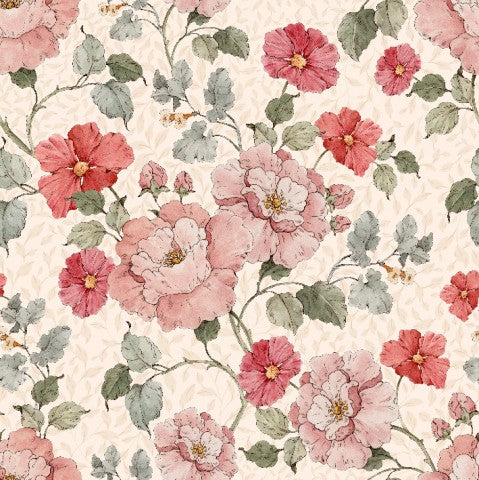 Rib jersey floral pattern with pink flowers and leaves