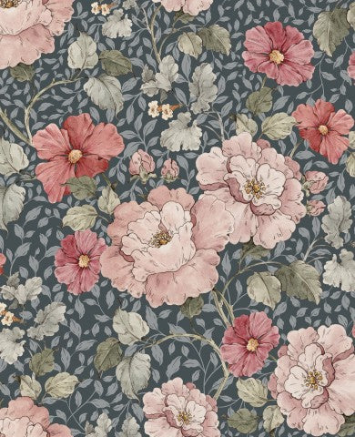 Carta da parati floreale in tessuto impermeabile con fiori rosa e rossi