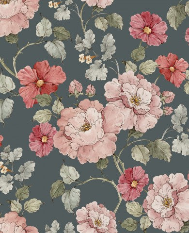 Muslin a floral wallpaper with pink and red flowers