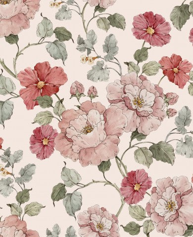 Waterproof fabric floral wallpaper with pink and red flowers